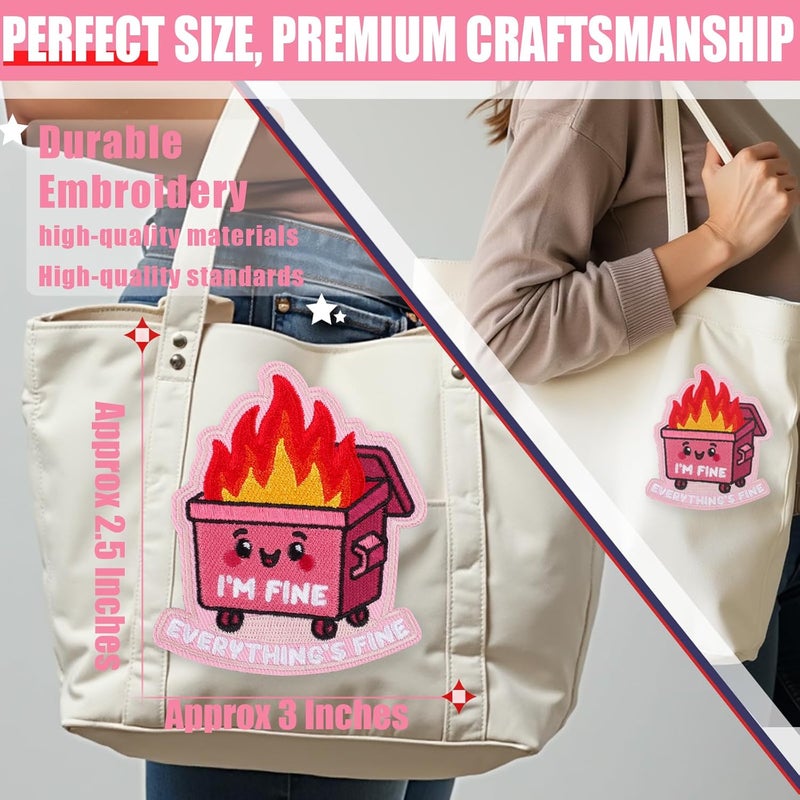 FengechoCstm I'm Fine Everything's Fine Meme Morale Patch - 3 x 2.5 Inch Pink Funny Dumpster Fire Embroidered Hook and Loop Patch for Hats, Backpack, Jackets, Dog Vest，Patch Wall, and More- 1 Pc - Image 3